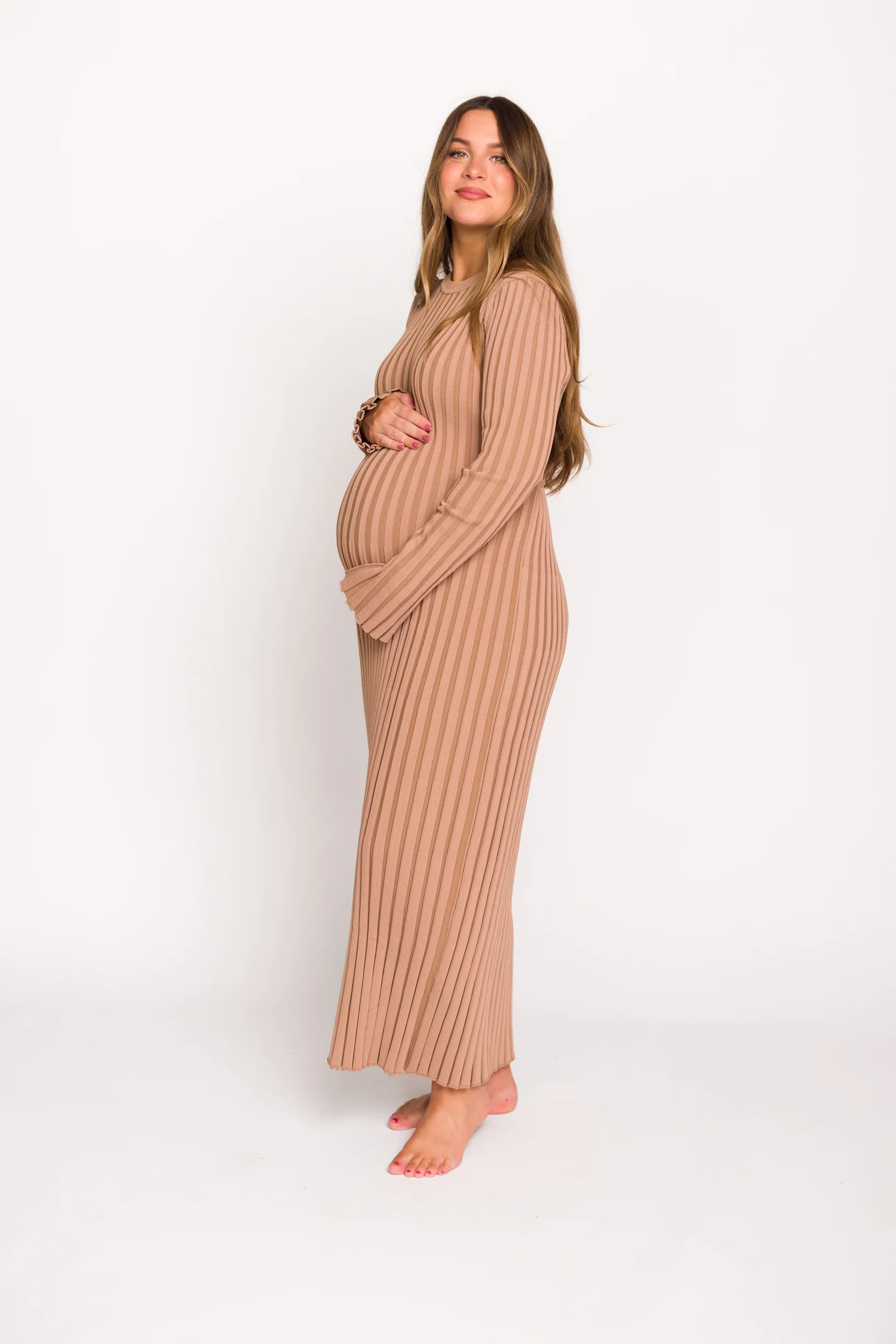 Colette Premium Long Sleeved Ribbed Knit Maxi Dress in Dark Natural - Bump Friendly *Final Sale* - Image 11
