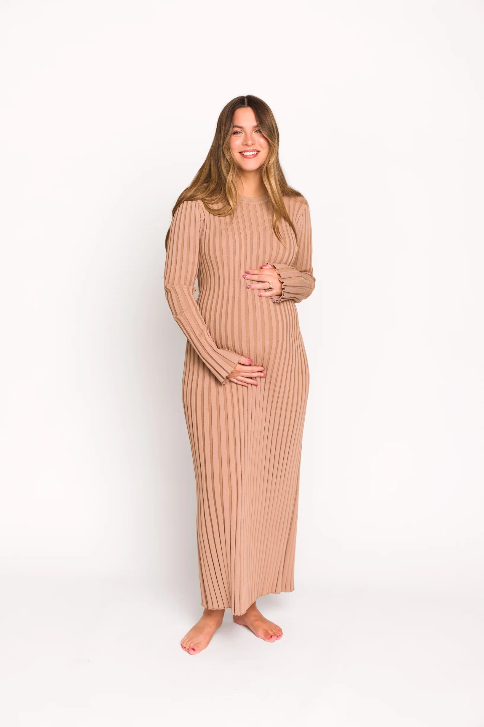 Colette Premium Long Sleeved Ribbed Knit Maxi Dress in Dark Natural - Bump Friendly *Final Sale* - Image 12