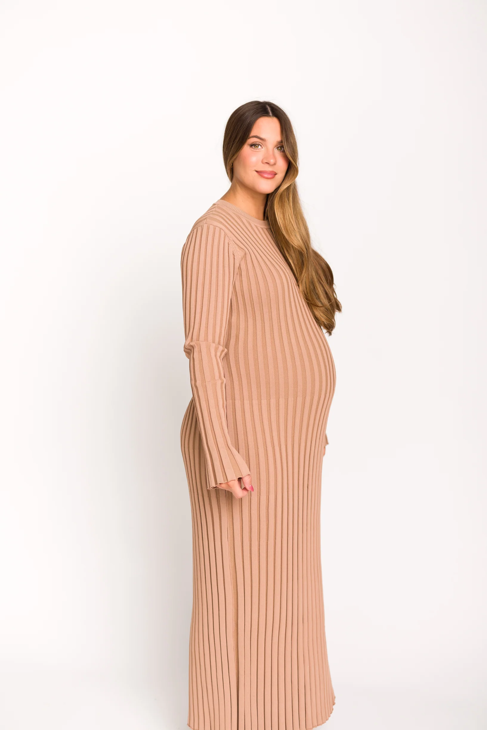 Colette Premium Long Sleeved Ribbed Knit Maxi Dress in Dark Natural - Bump Friendly *Final Sale* - Image 14