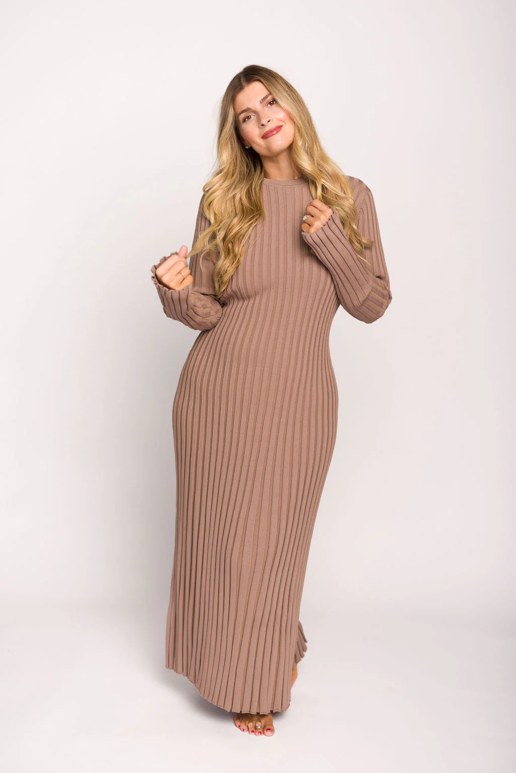 Colette Premium Long Sleeved Ribbed Knit Maxi Dress in Dark Natural - Bump Friendly *Final Sale* - Image 16