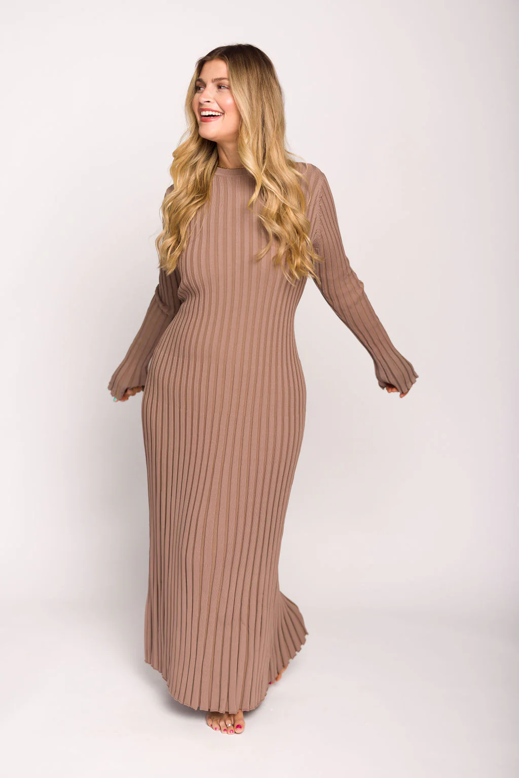 Colette Premium Long Sleeved Ribbed Knit Maxi Dress in Dark Natural - Bump Friendly *Final Sale* - Image 17