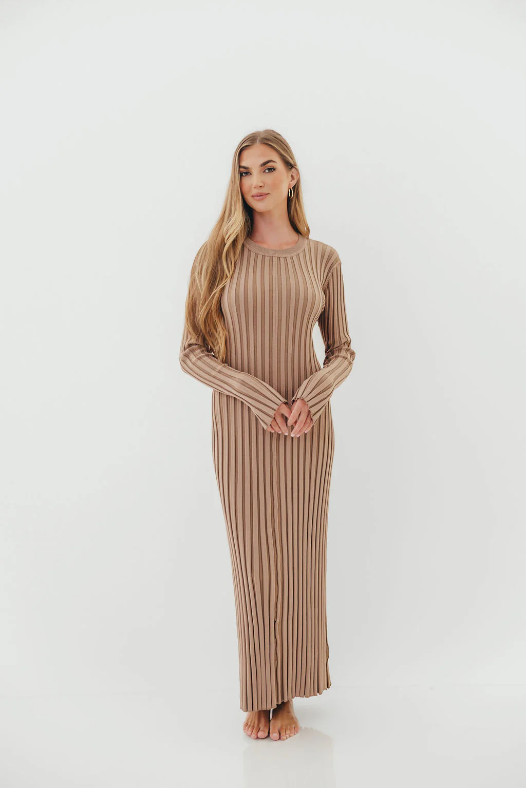 Colette Premium Long Sleeved Ribbed Knit Maxi Dress in Dark Natural - Bump Friendly *Final Sale* - Image 2
