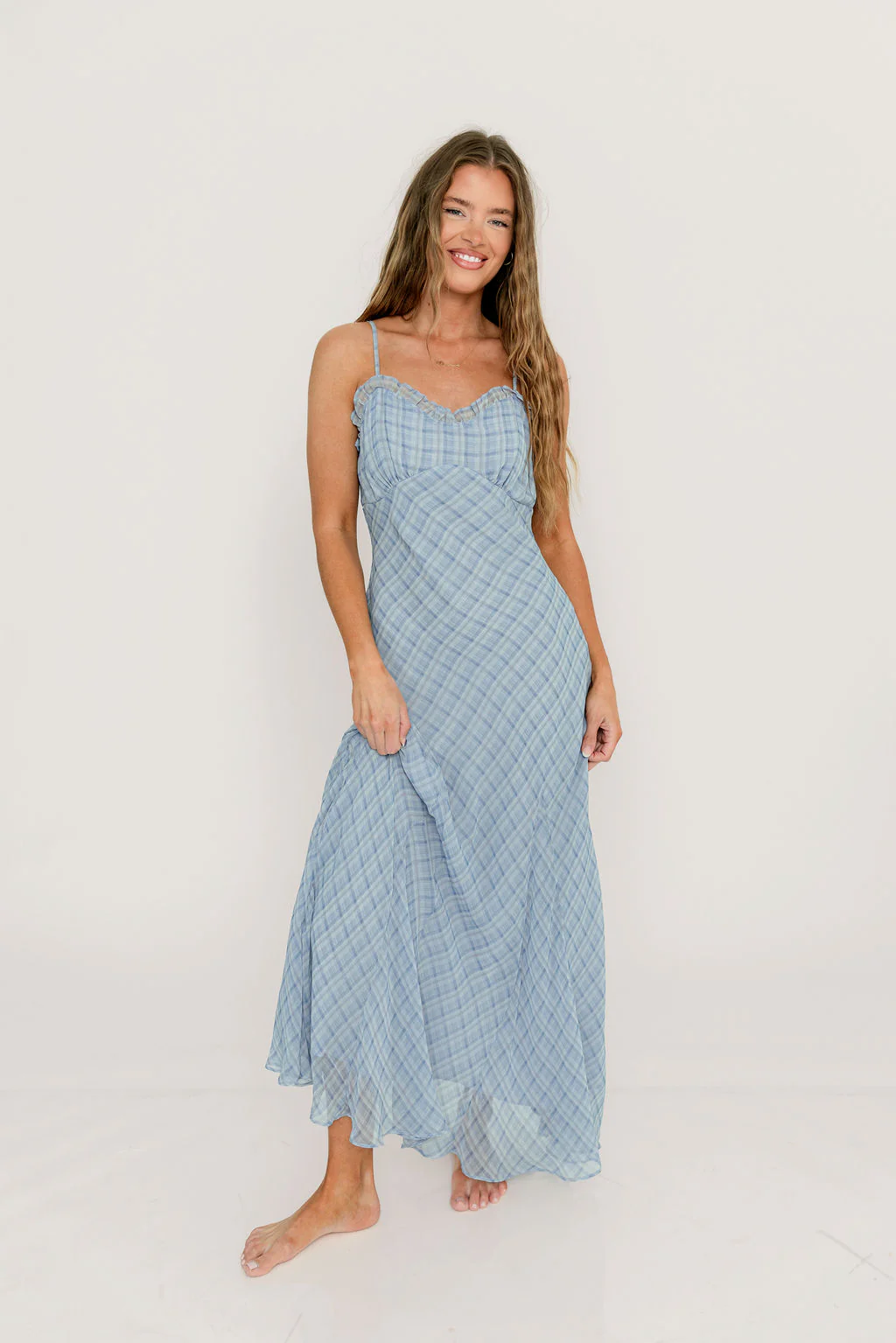 ASTR Maeryn Ruffle Trim Maxi Dress in Blue Plaid