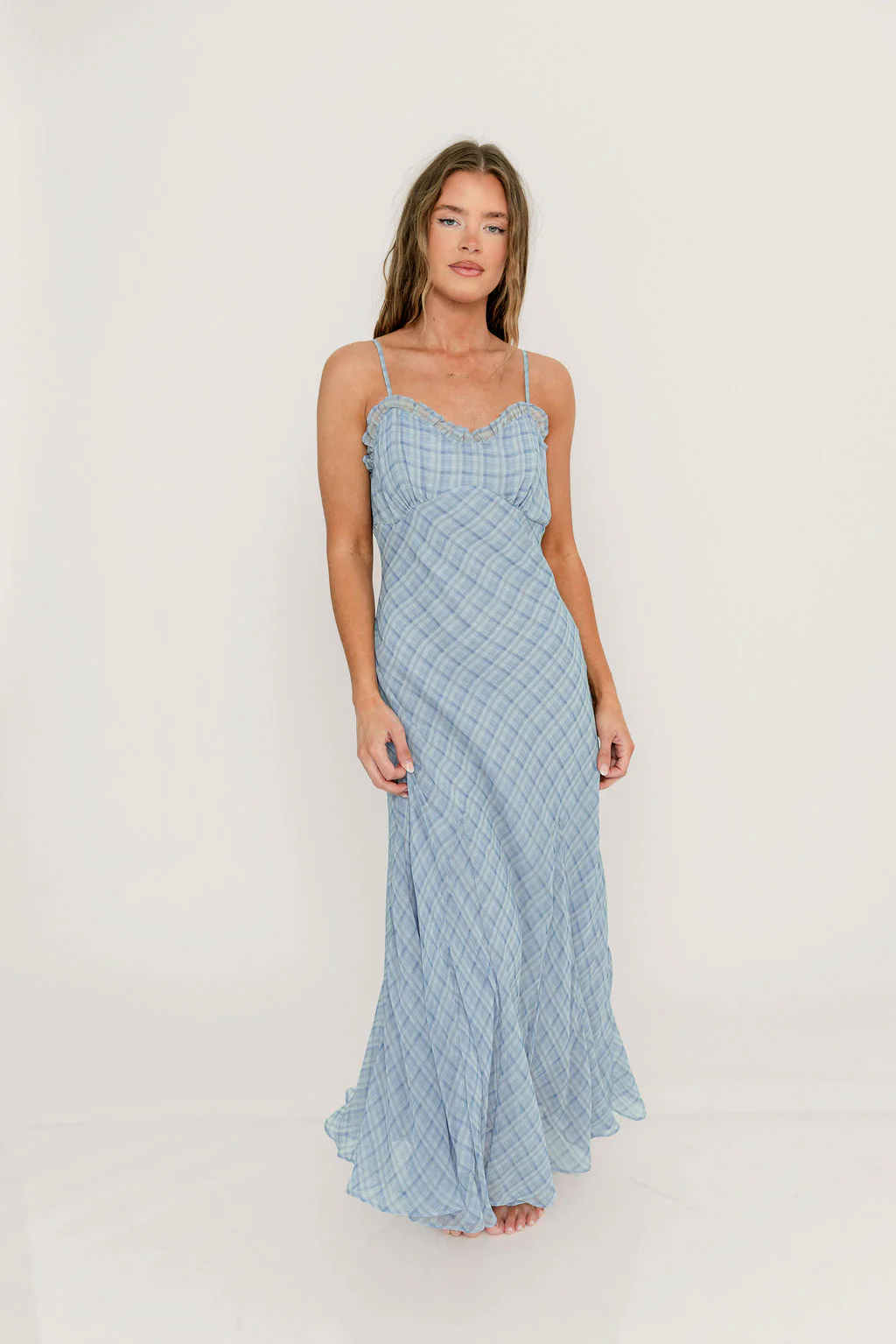 ASTR Maeryn Ruffle Trim Maxi Dress in Blue Plaid - Image 2