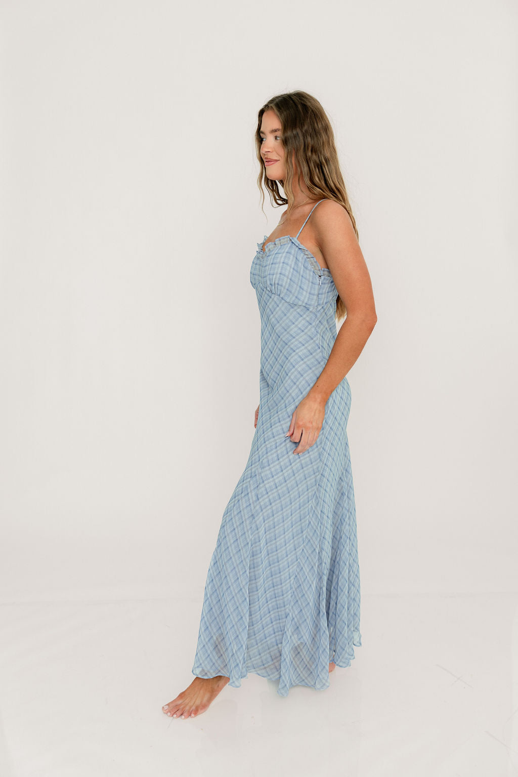 ASTR Maeryn Ruffle Trim Maxi Dress in Blue Plaid - Image 5