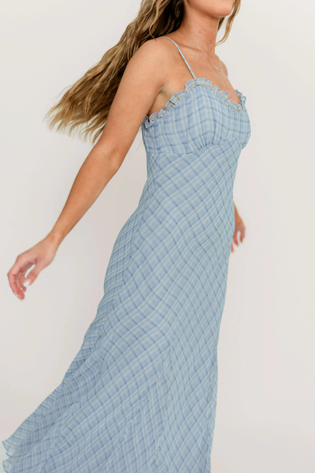 ASTR Maeryn Ruffle Trim Maxi Dress in Blue Plaid - Image 6