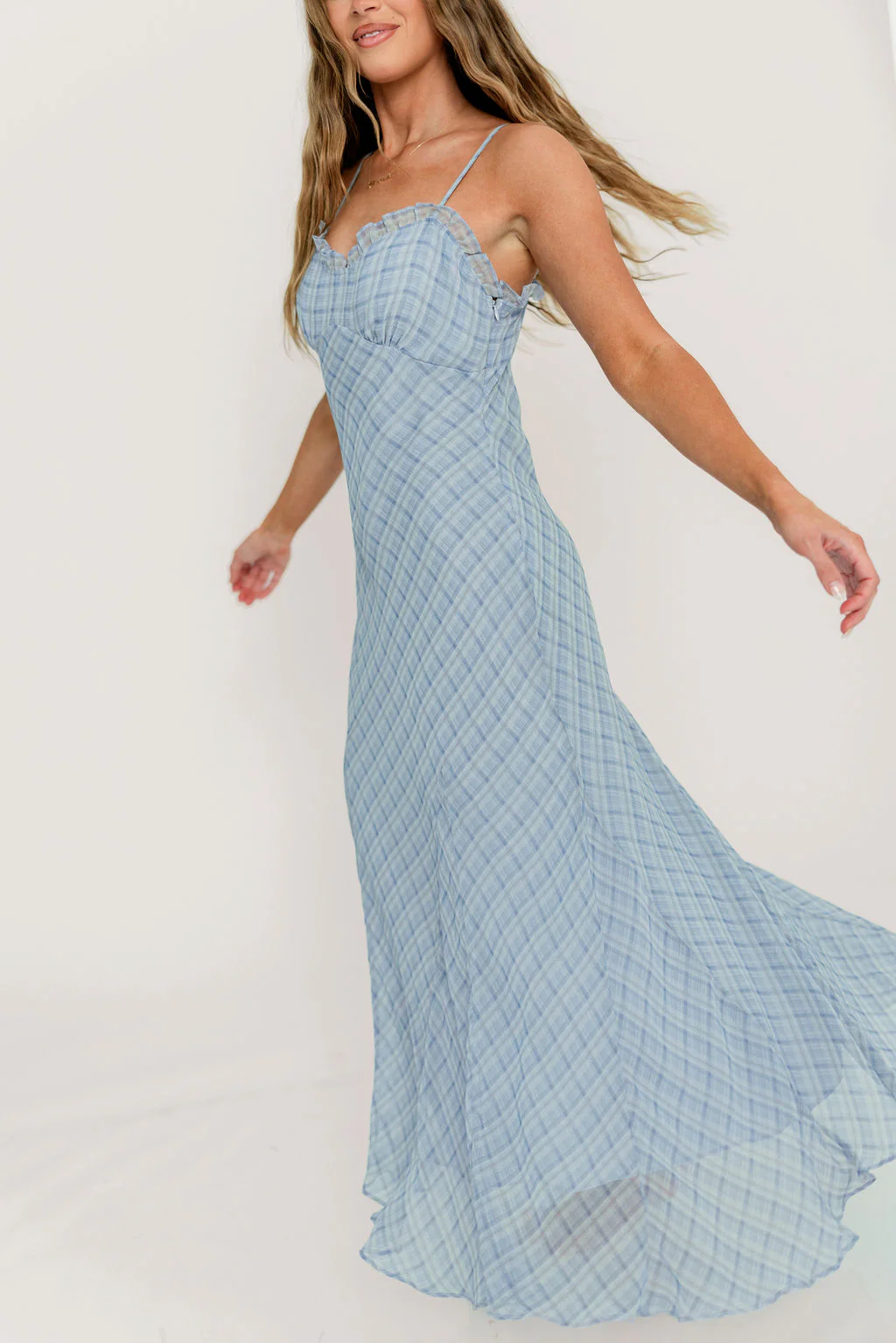 ASTR Maeryn Ruffle Trim Maxi Dress in Blue Plaid - Image 7