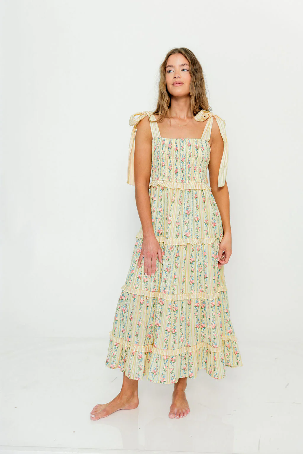Maley Floral Maxi Dress with Tie Straps in Light Yellow Multi