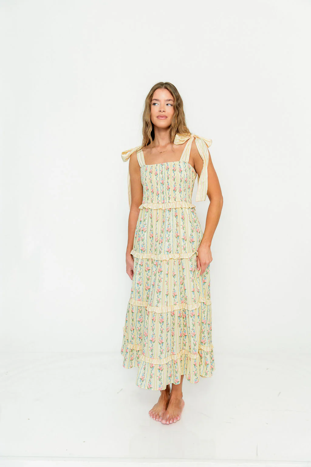 Maley Floral Maxi Dress with Tie Straps in Light Yellow Multi - Image 2