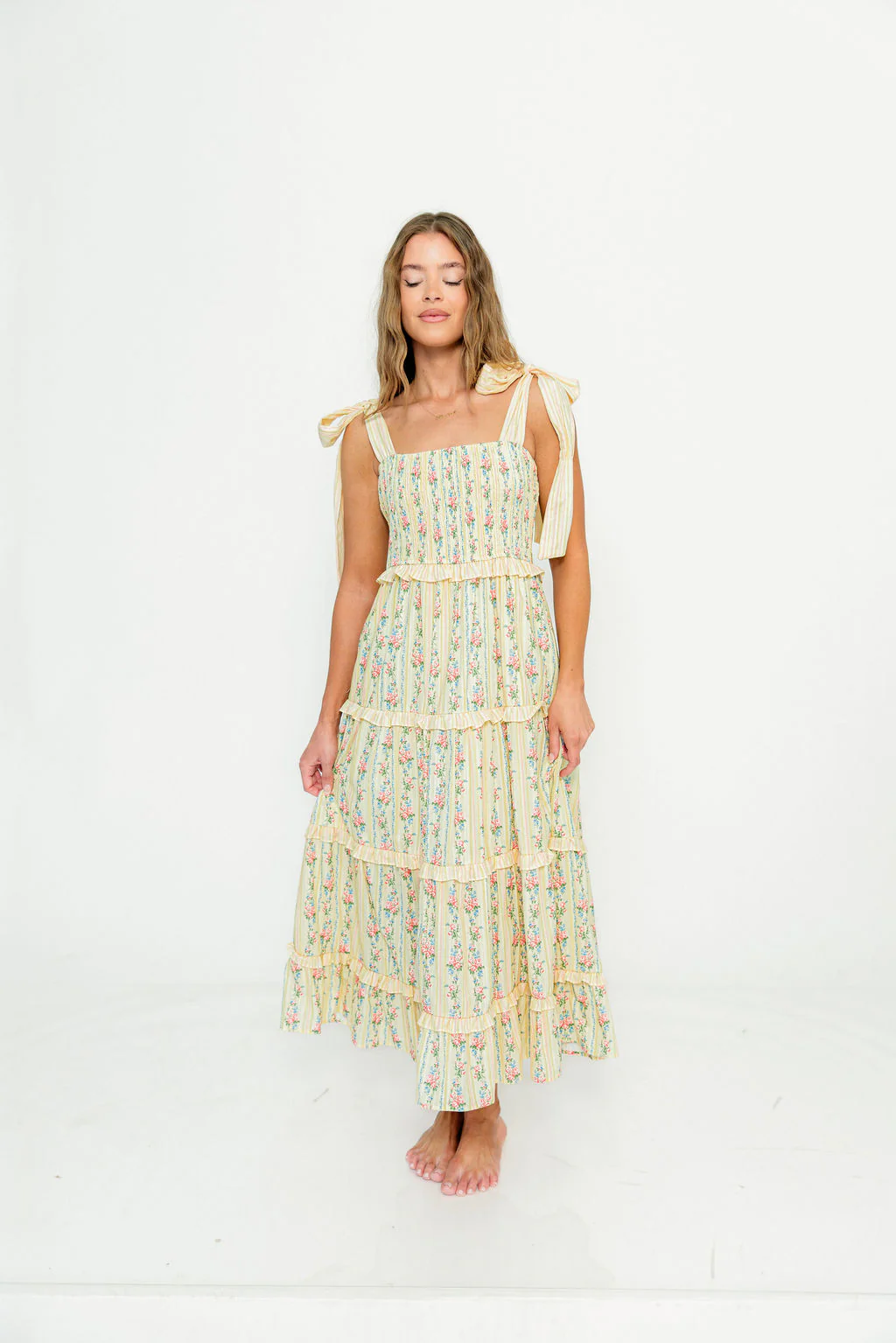Maley Floral Maxi Dress with Tie Straps in Light Yellow Multi - Image 3