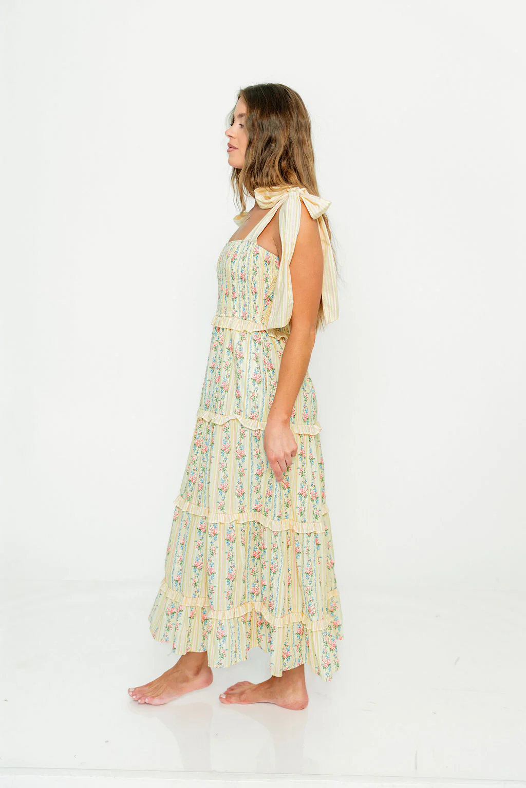 Maley Floral Maxi Dress with Tie Straps in Light Yellow Multi - Image 4