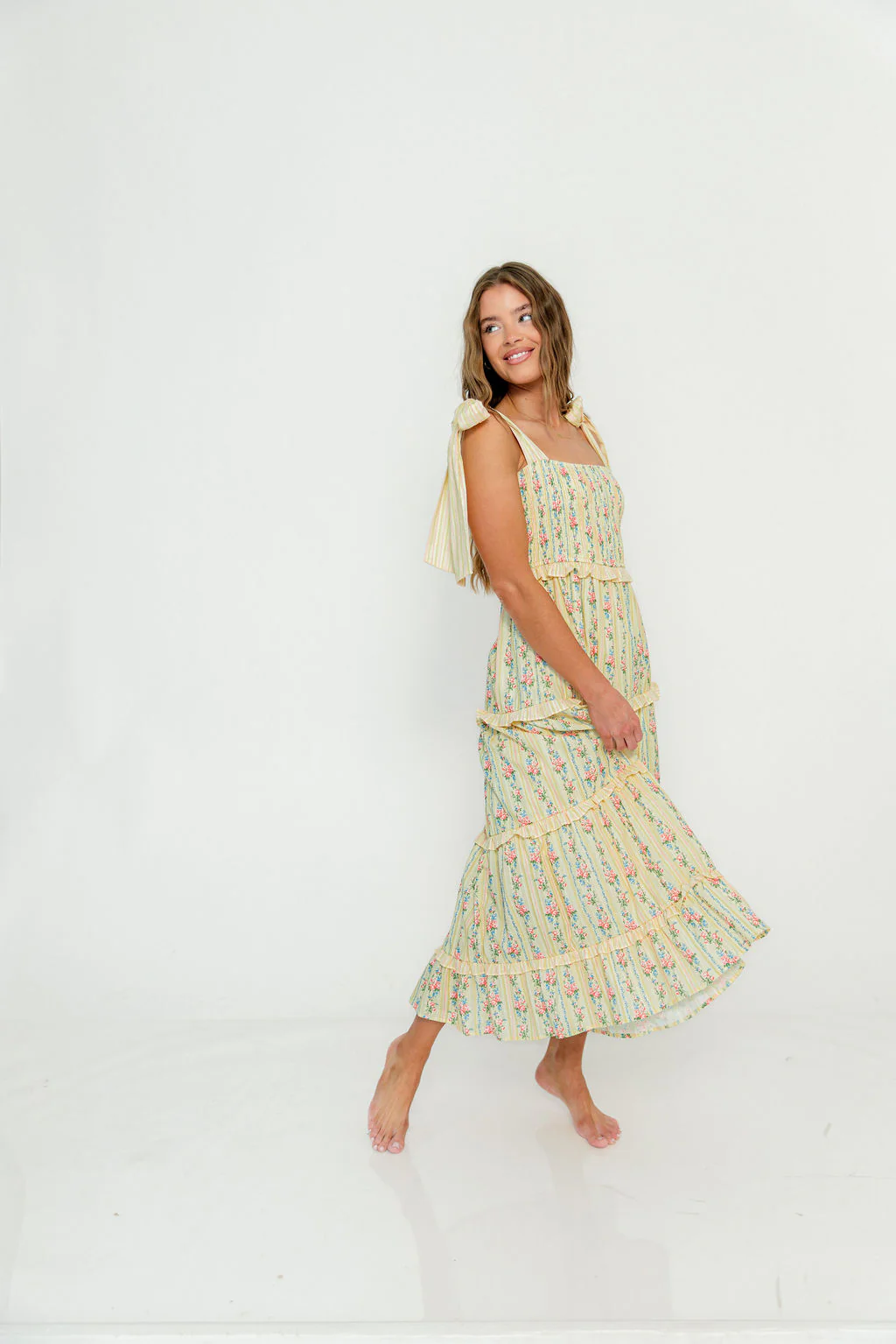 Maley Floral Maxi Dress with Tie Straps in Light Yellow Multi - Image 7