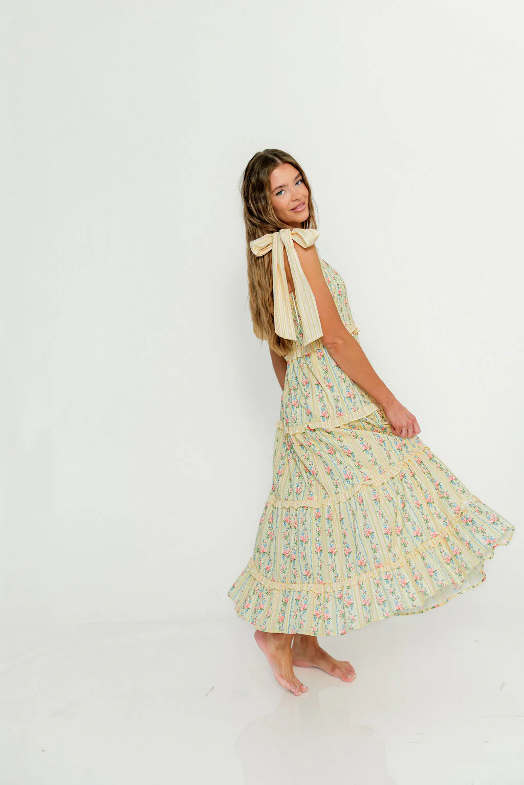 Maley Floral Maxi Dress with Tie Straps in Light Yellow Multi - Image 8