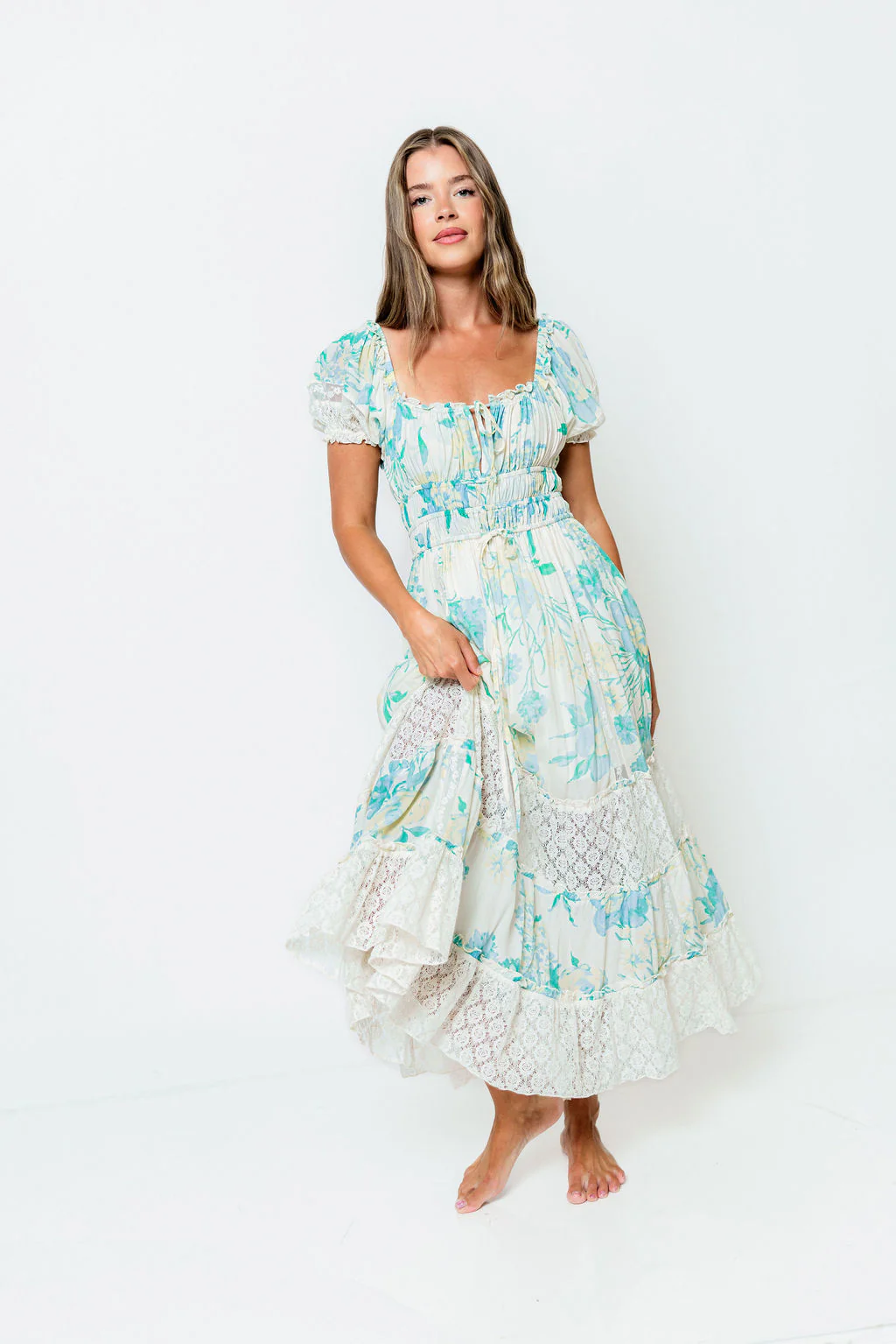 Marcey Floral and Lace Tiered Maxi Dress in Cream/Mint