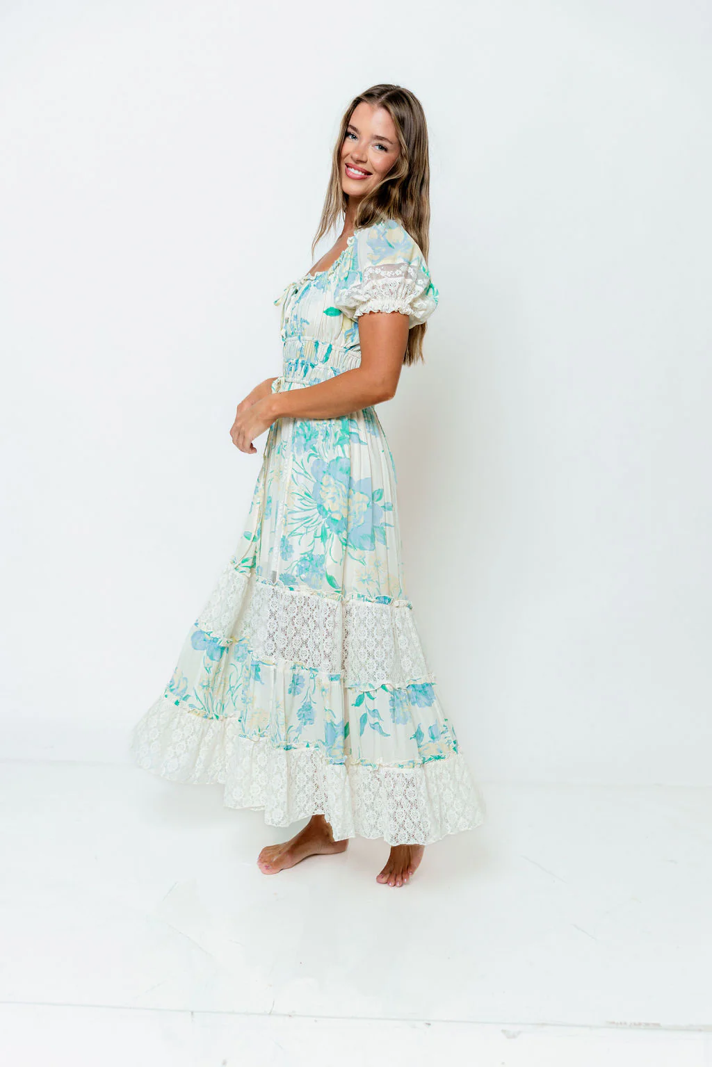 Marcey Floral and Lace Tiered Maxi Dress in Cream/Mint - Image 4