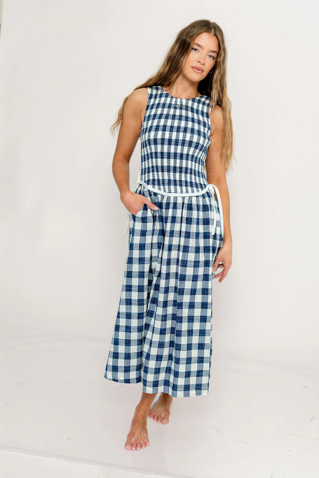 Margaret Gingham Midi Dress in Navy - Image 2
