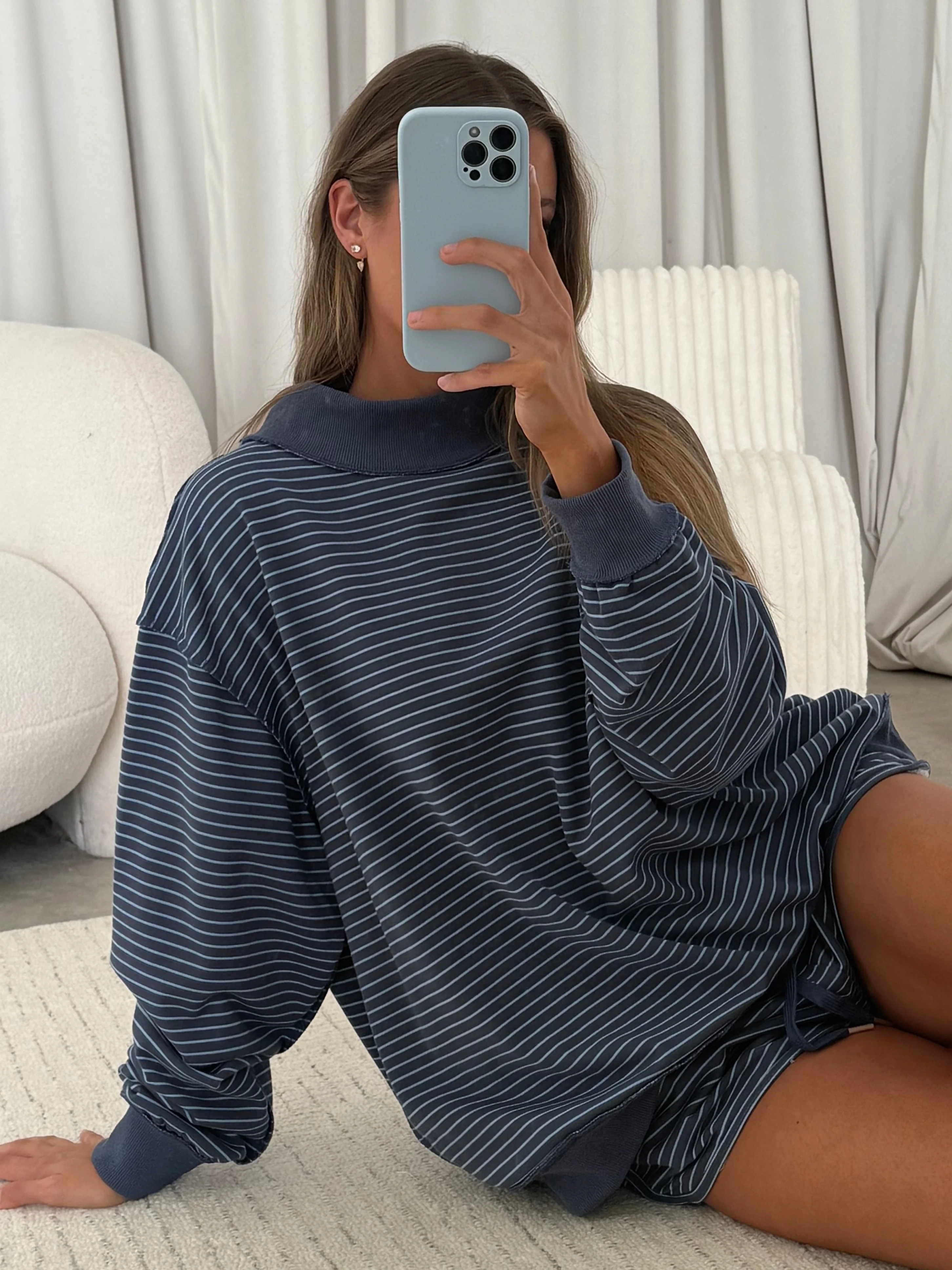Robbie Striped Dolphin Shorts in Navy/Blue - Image 4