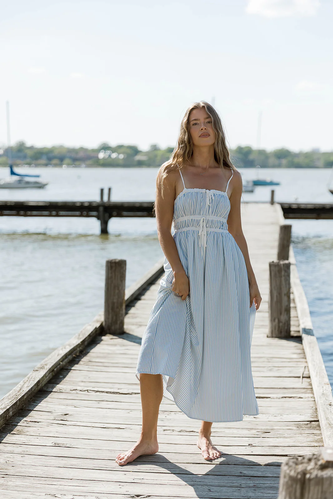 Marin Midi Dress in Blue Stripe - Image 2