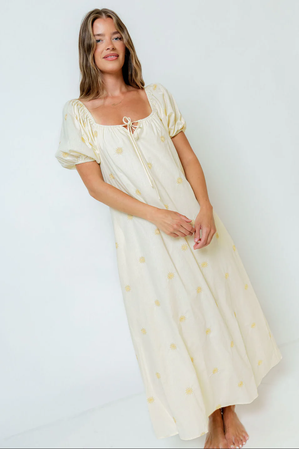 Dolores Sun Embroidered Maxi Dress in Light Yellow