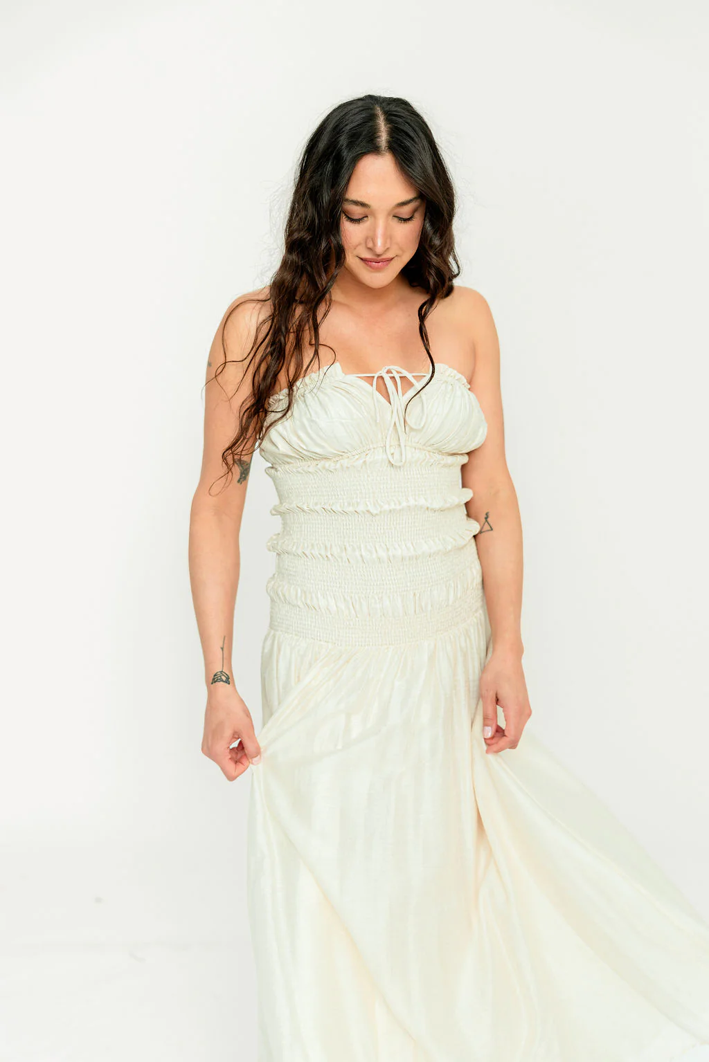 Myra Strapless Smocked Bodice Tube Maxi Dress in Cream