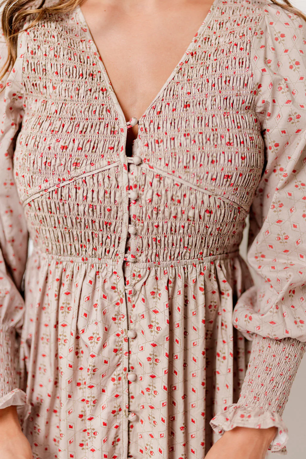 Mercy Cotton Smocked Floral Button Down Maxi Dress in Sepia - Image 3