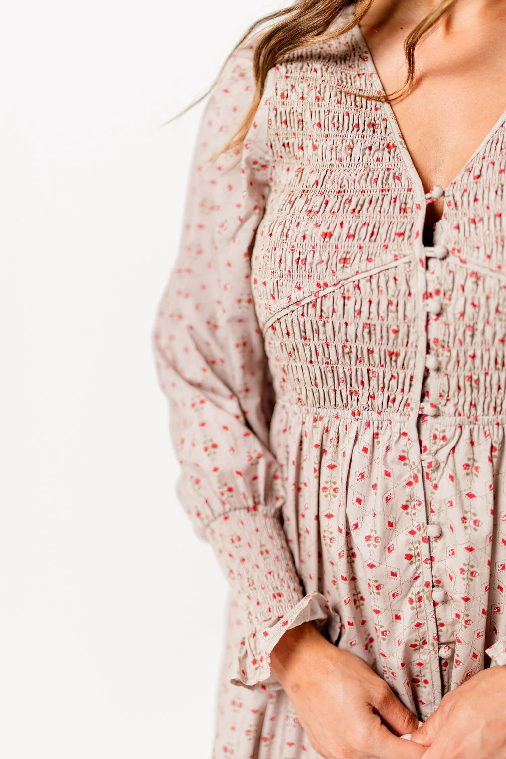 Mercy Cotton Smocked Floral Button Down Maxi Dress in Sepia - Image 4