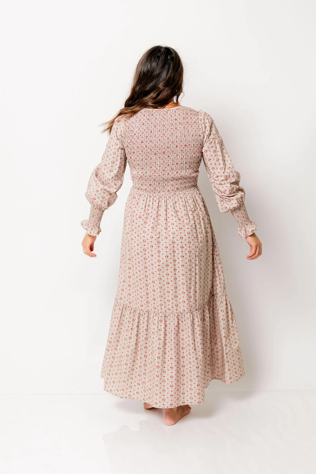 Mercy Cotton Smocked Floral Button Down Maxi Dress in Sepia - Image 5
