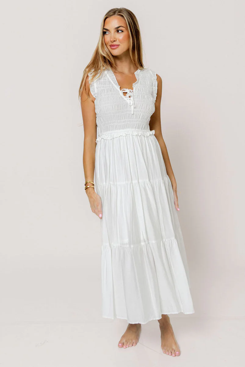 Meredith Smocked Midi Dress in Off White - Image 3