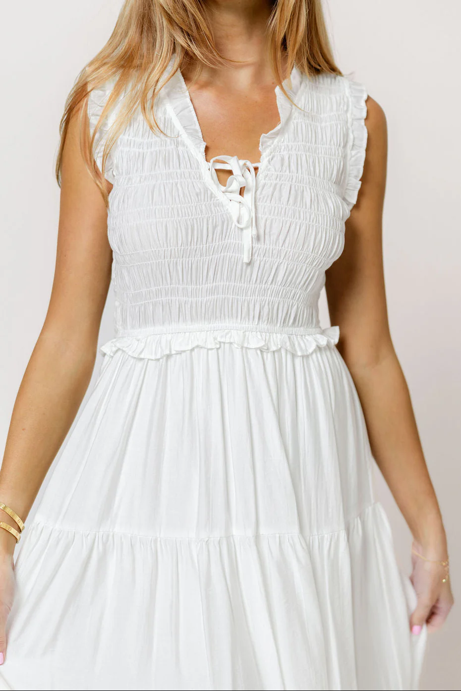 Meredith Smocked Midi Dress in Off White - Image 4