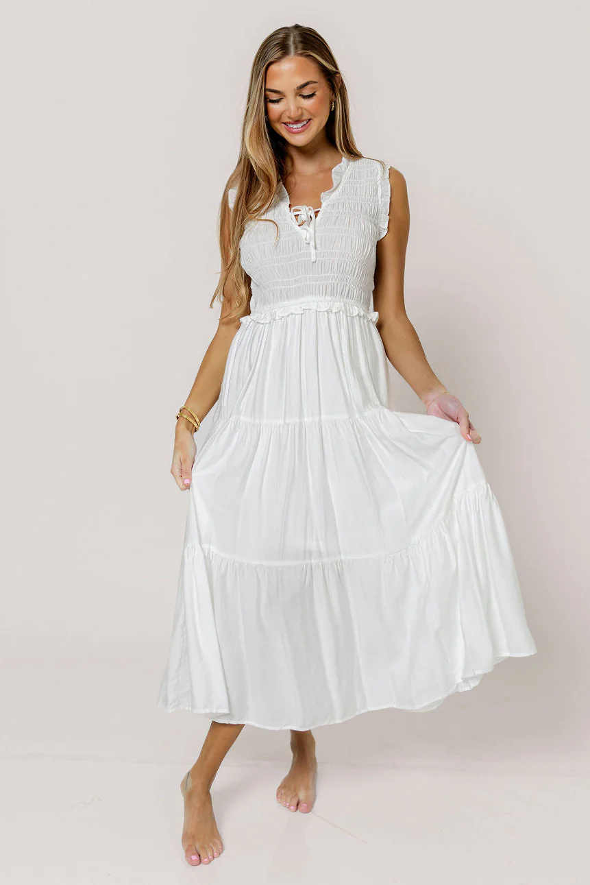 Meredith Smocked Midi Dress in Off White - Image 5