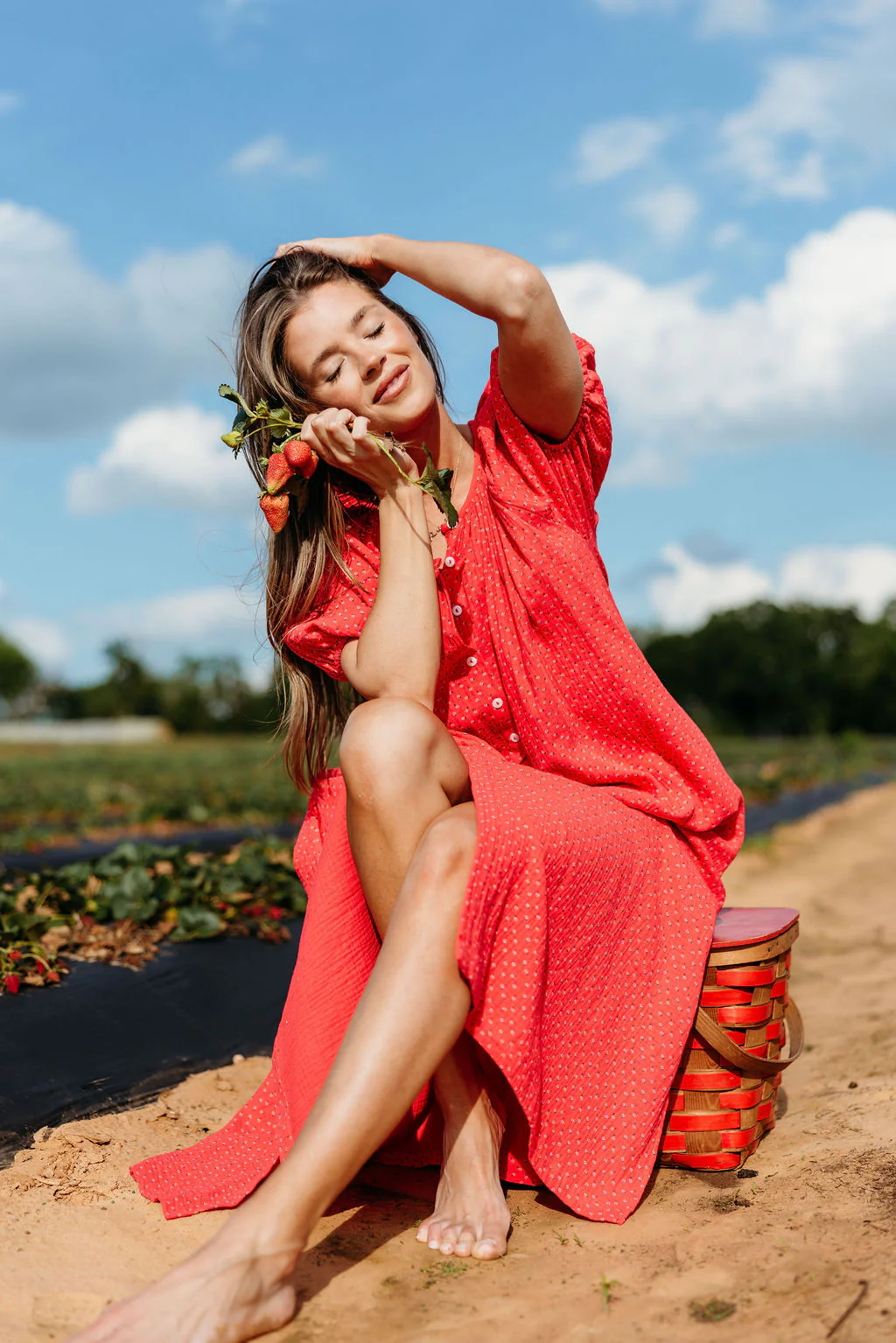 Cleo 100% Cotton Gauze Midi Dress in Red - Image 19