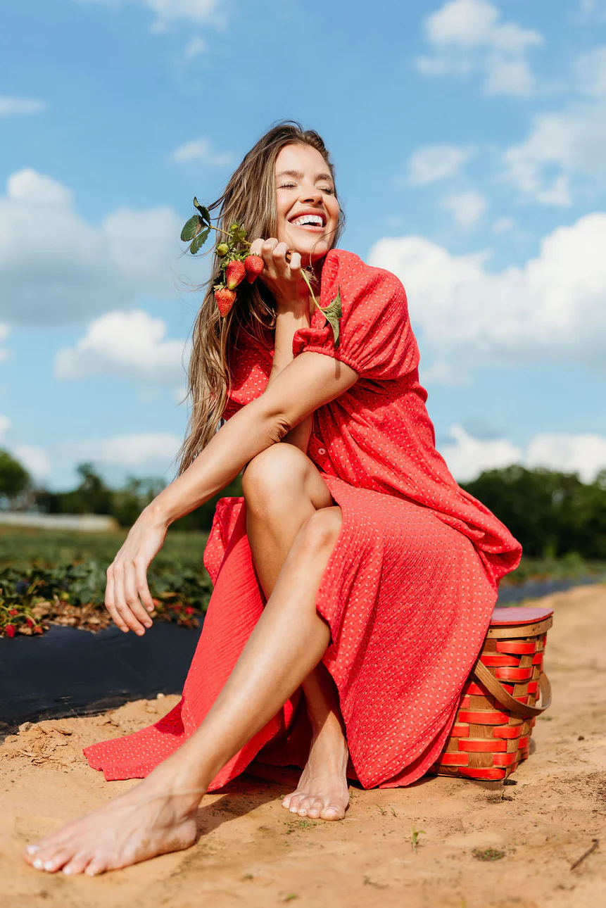 Cleo 100% Cotton Gauze Midi Dress in Red - Image 5