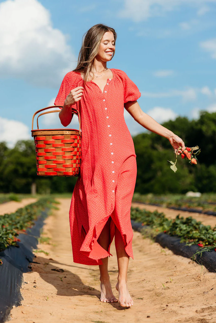 Cleo 100% Cotton Gauze Midi Dress in Red - Image 7