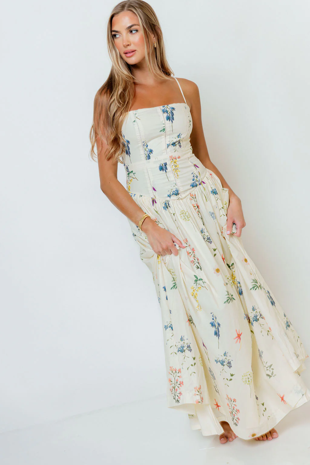 Kienna Drop Waist Floral Maxi Dress in Cream