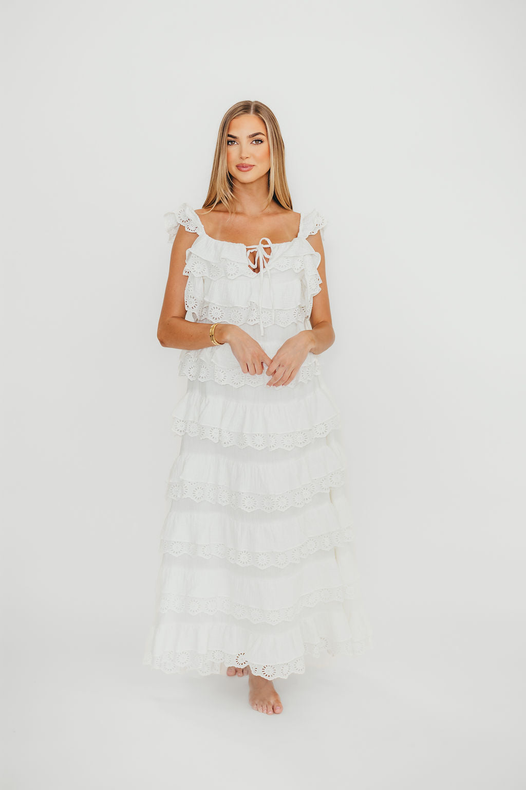 Mikayla 100% Cotton Lace and Gauze Contrast Tiered Maxi Dress in Off White - Image 3