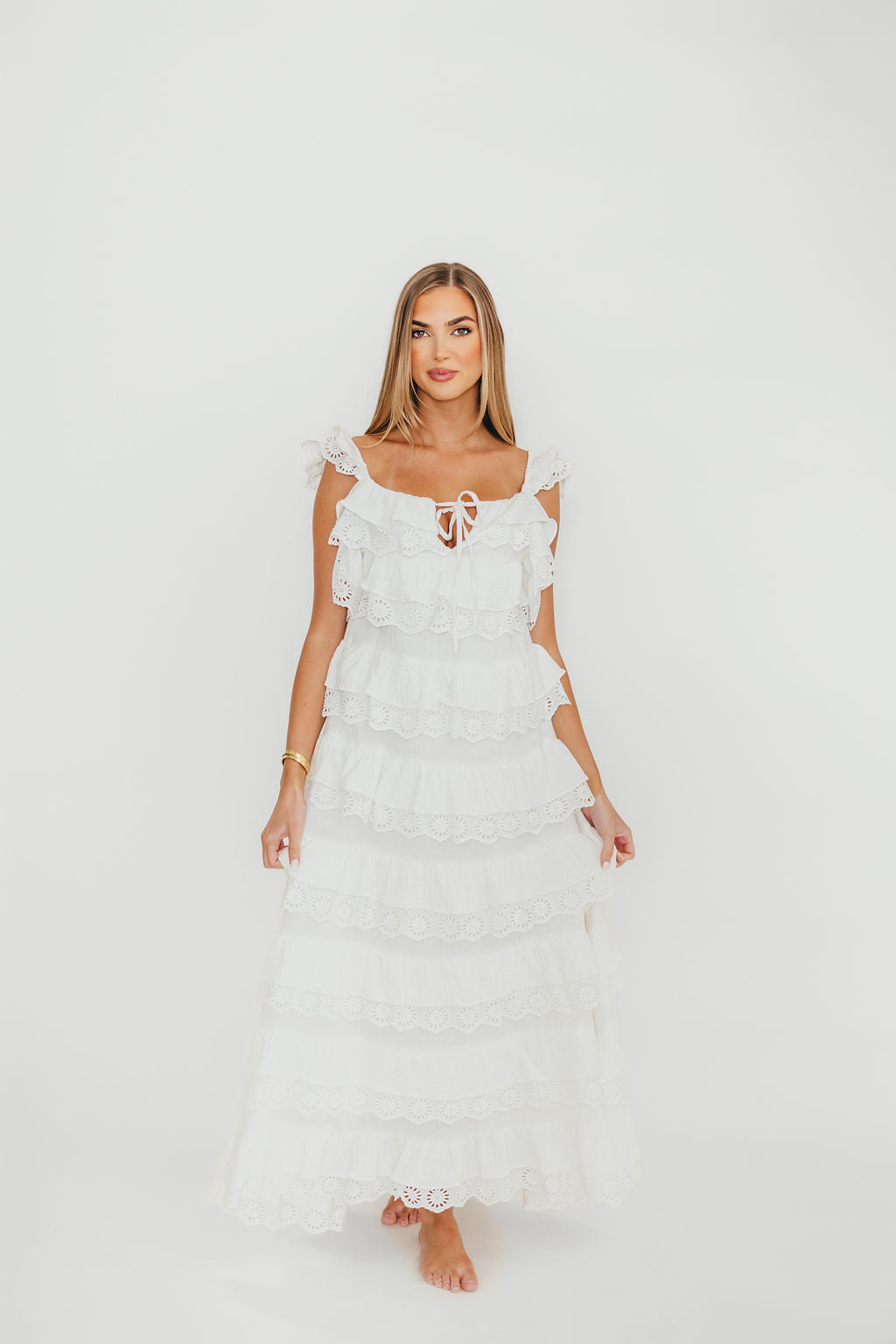 Mikayla 100% Cotton Lace and Gauze Contrast Tiered Maxi Dress in Off White - Image 5