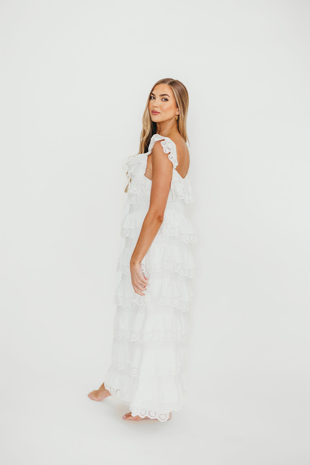 Mikayla 100% Cotton Lace and Gauze Contrast Tiered Maxi Dress in Off White - Image 6
