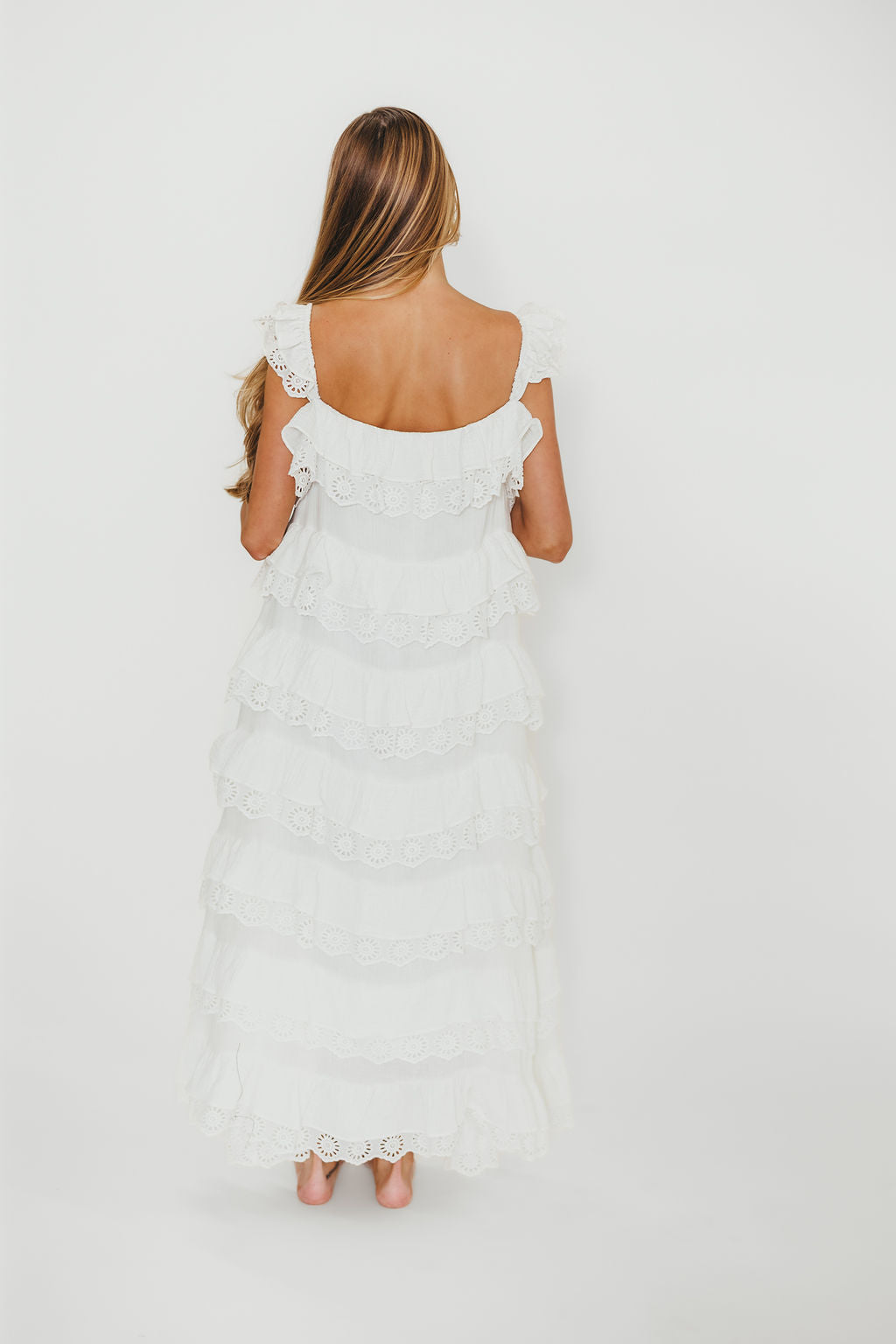 Mikayla 100% Cotton Lace and Gauze Contrast Tiered Maxi Dress in Off White - Image 7
