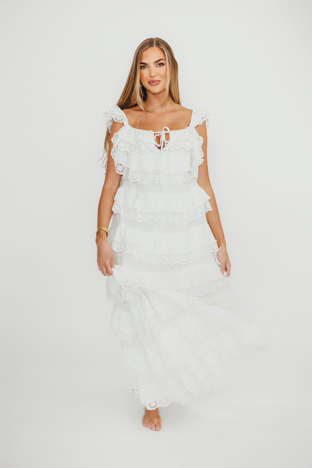 Mikayla 100% Cotton Lace and Gauze Contrast Tiered Maxi Dress in Off White - Image 8