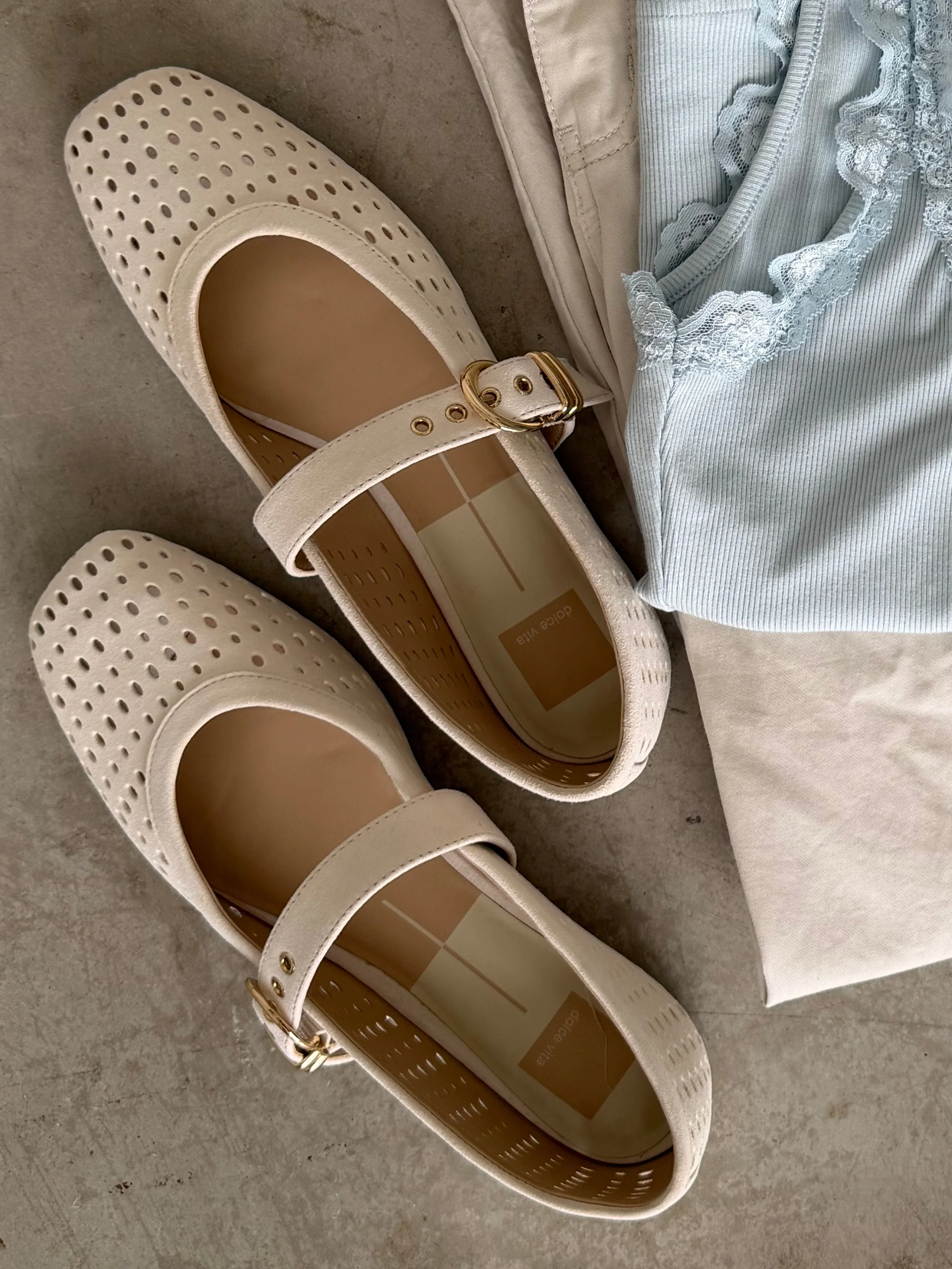 Mikel Ballet Flats in Creme Perforated Suede - Image 3