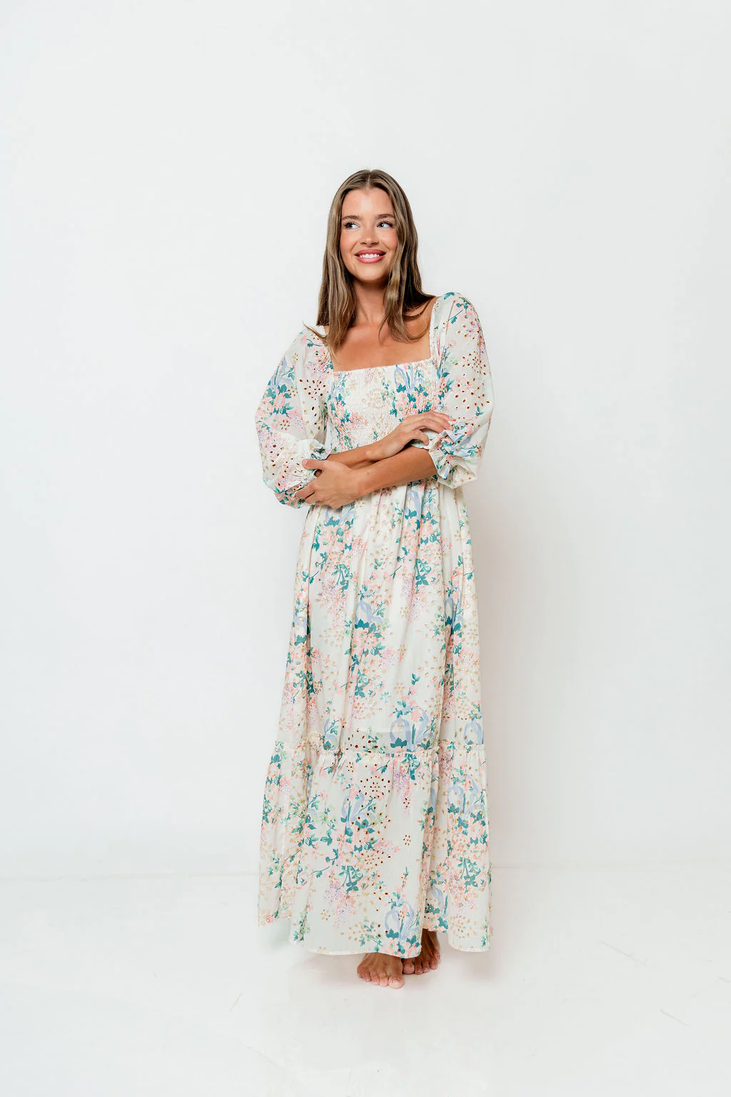 Hilda Floral Print Eyelet 3/4 Sleeve Maxi Dress in Spring Bloom - Bump Friendly