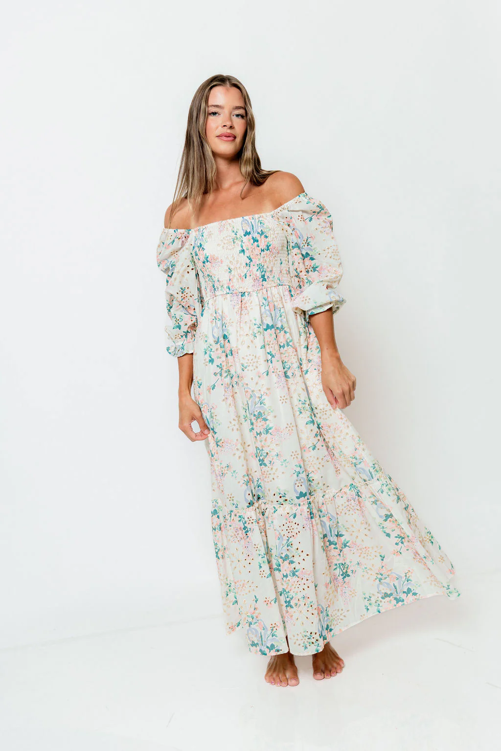 Hilda Floral Print Eyelet 3/4 Sleeve Maxi Dress in Spring Bloom - Bump Friendly - Image 14