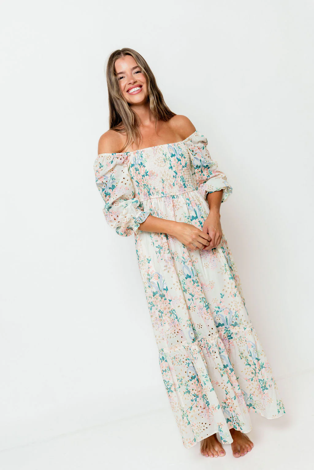 Hilda Floral Print Eyelet 3/4 Sleeve Maxi Dress in Spring Bloom - Bump Friendly - Image 2