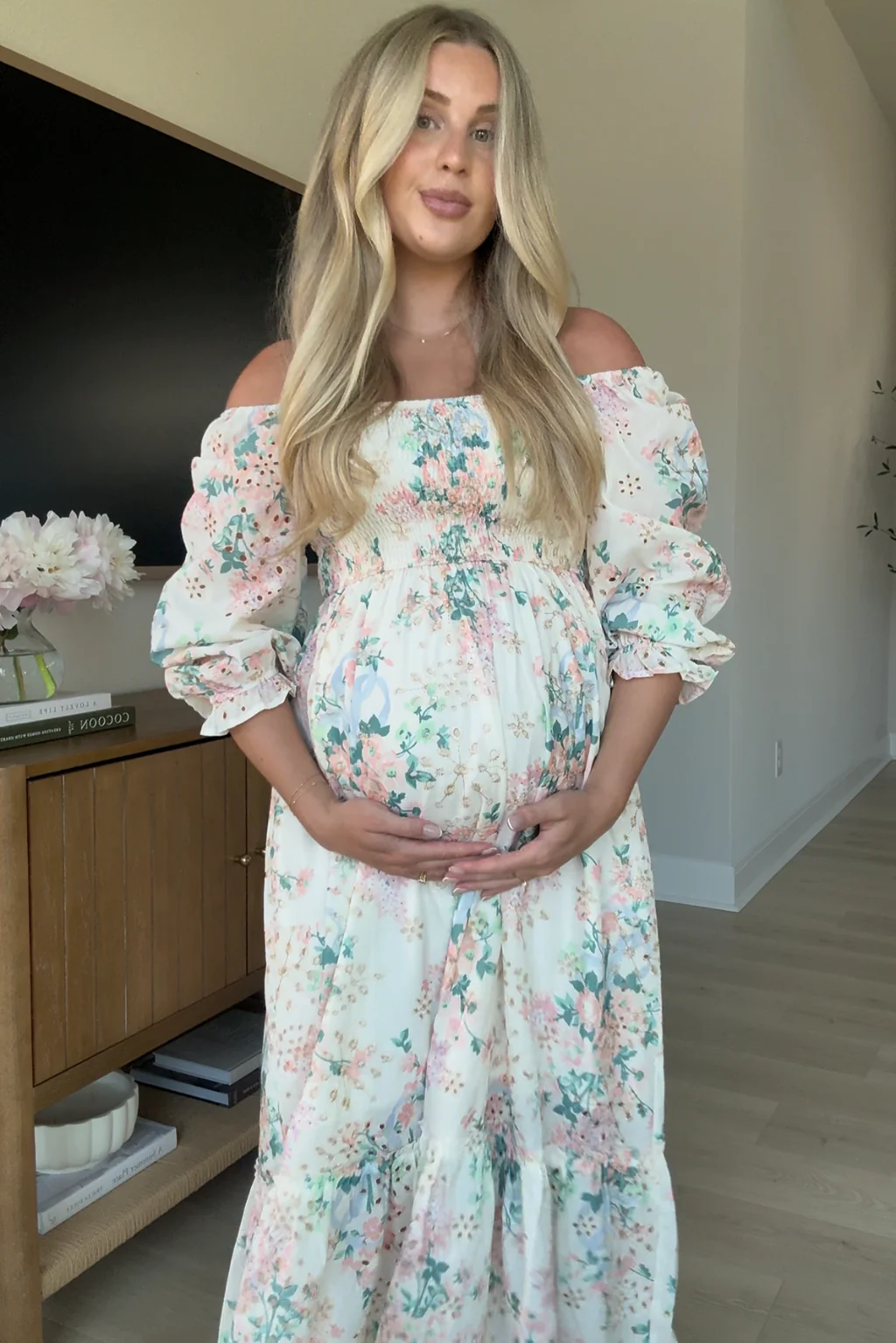Hilda Floral Print Eyelet 3/4 Sleeve Maxi Dress in Spring Bloom - Bump Friendly - Image 6
