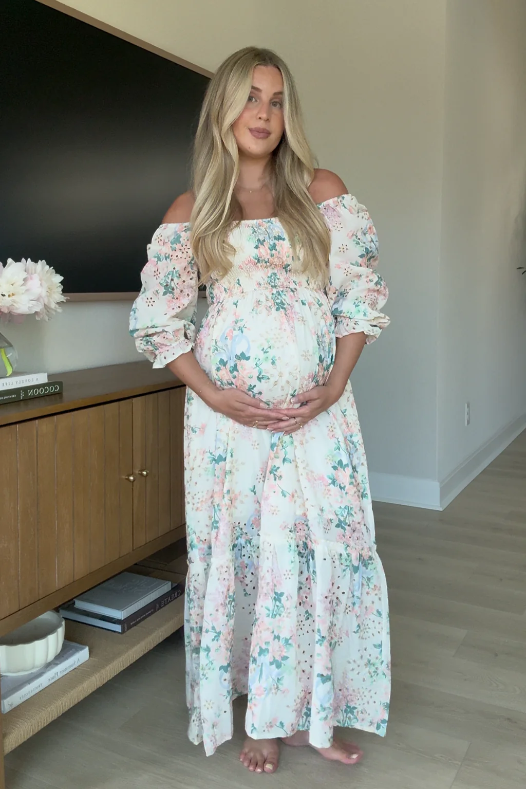 Hilda Floral Print Eyelet 3/4 Sleeve Maxi Dress in Spring Bloom - Bump Friendly - Image 7