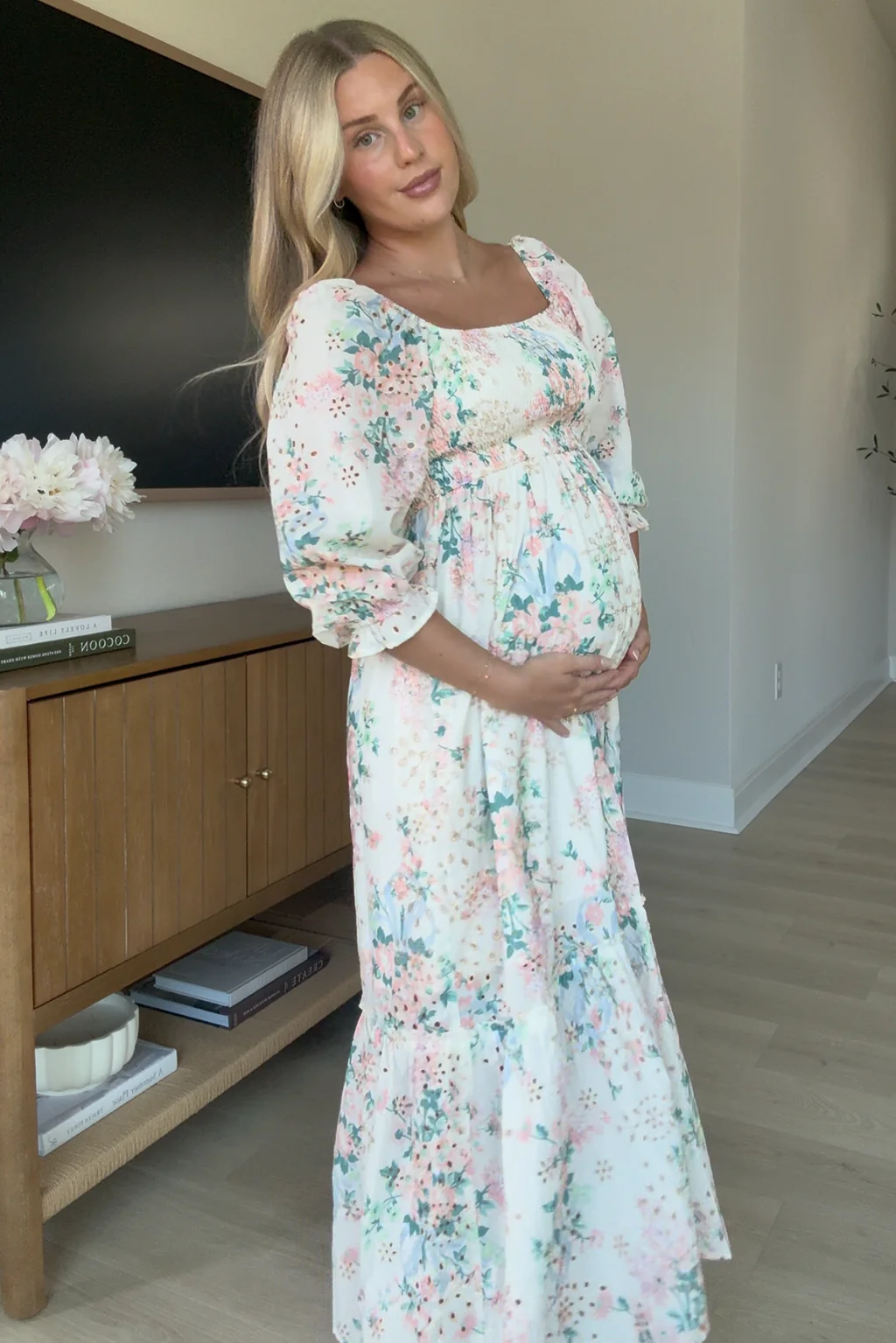 Hilda Floral Print Eyelet 3/4 Sleeve Maxi Dress in Spring Bloom - Bump Friendly - Image 8