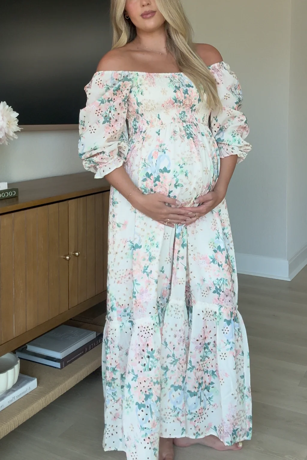 Hilda Floral Print Eyelet 3/4 Sleeve Maxi Dress in Spring Bloom - Bump Friendly - Image 9
