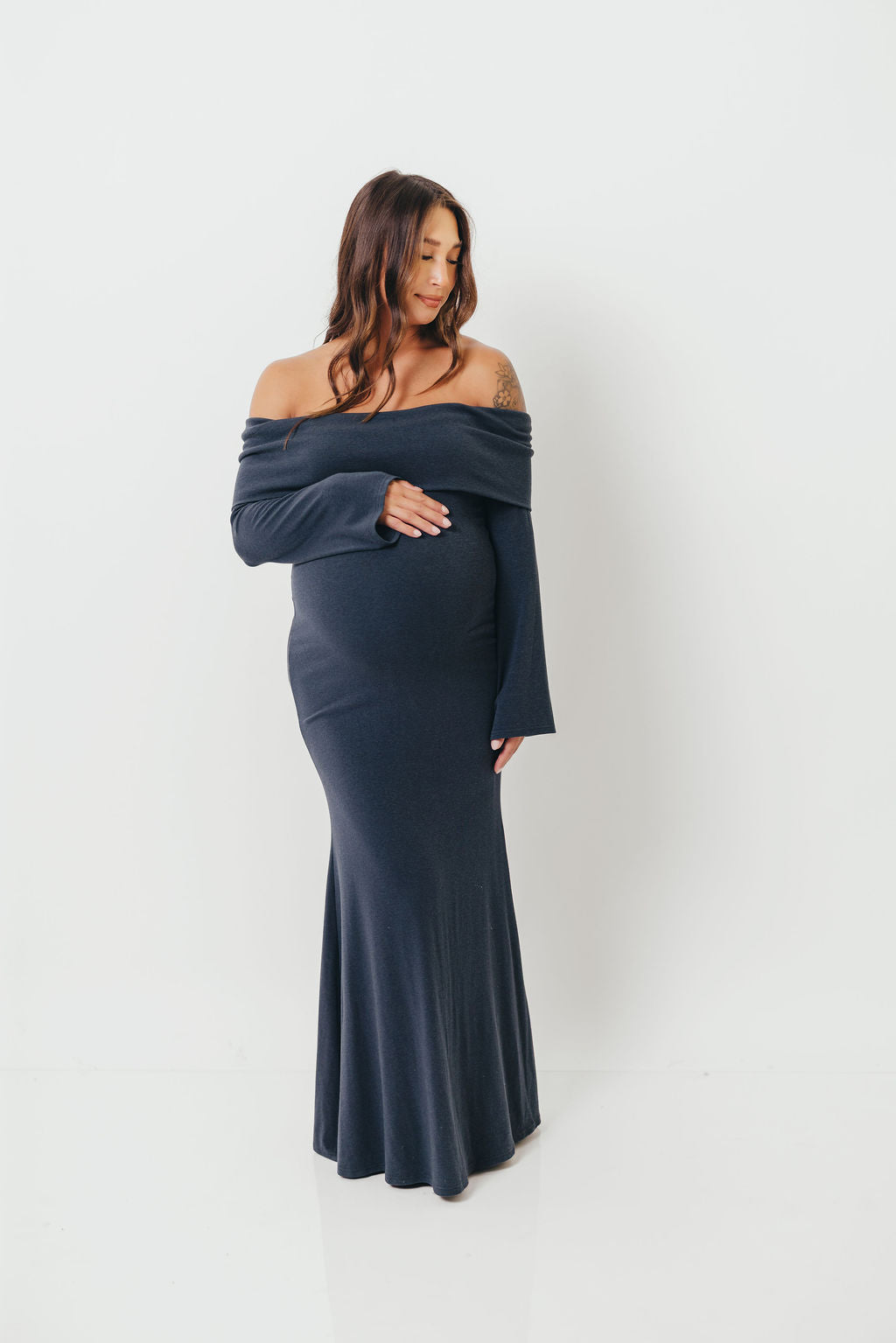 Monroe Maxi Dress with Long Sleeves in Dusty Navy- Bump Friendly - Image 8