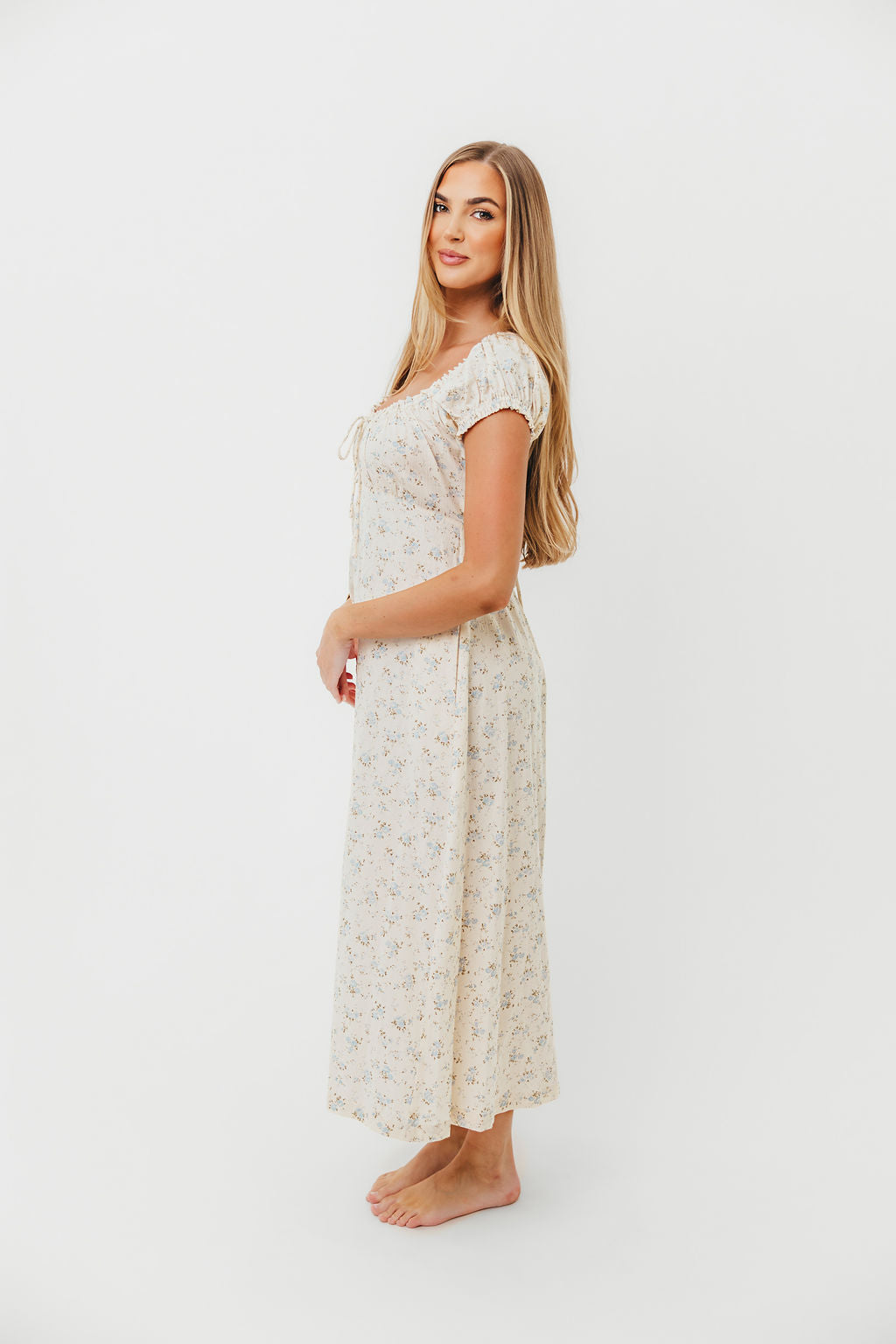 Marley 100% Cotton Midi Dress in Ivory/Blue - Bump Friendly - Image 3