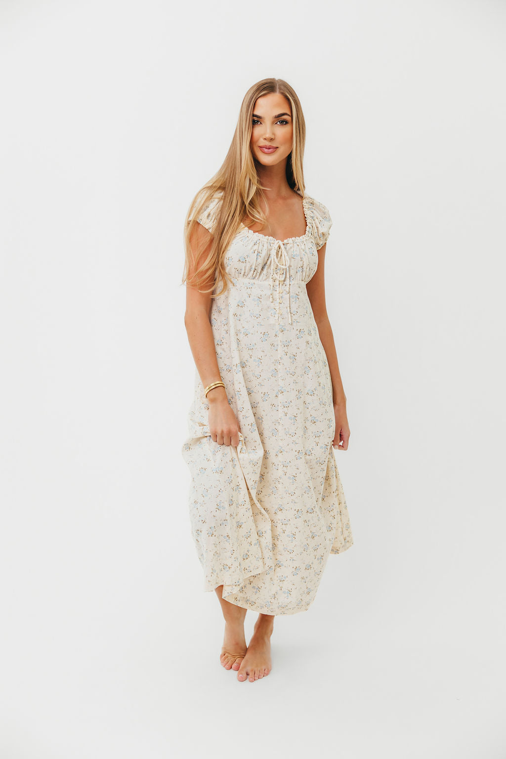 Marley 100% Cotton Midi Dress in Ivory/Blue - Bump Friendly - Image 4